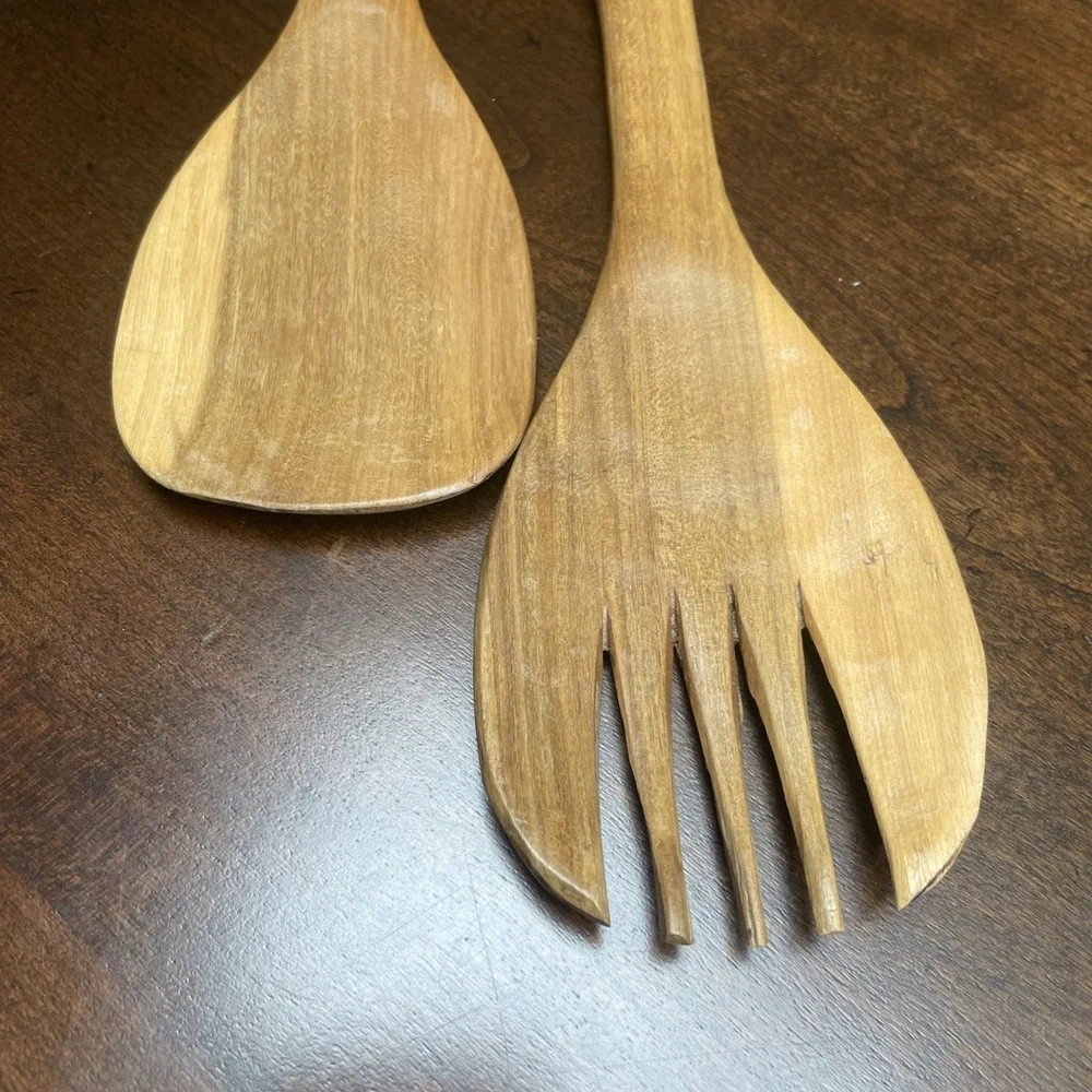 AFRICAN HAND CARVED KENYAN OLIVE WOOD ELEPHANT SALAD SERVERS 2PC SET 12
